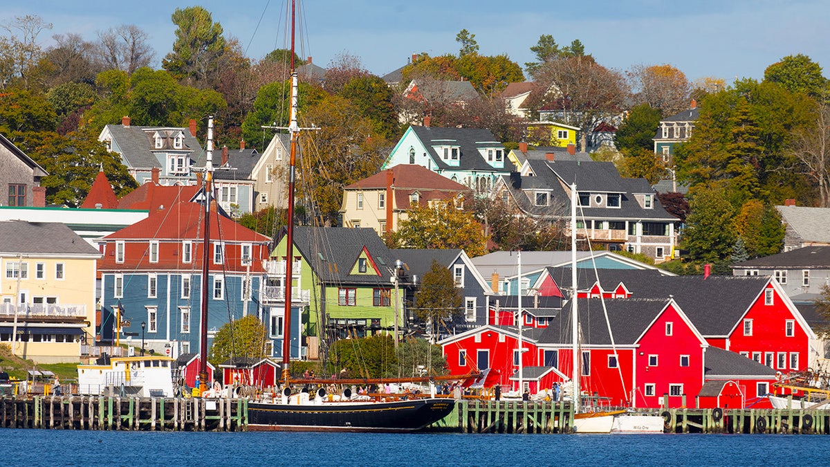 Canada Nova Scotia, Lunenburg harbour with The Bluenose II sailing ship in port.