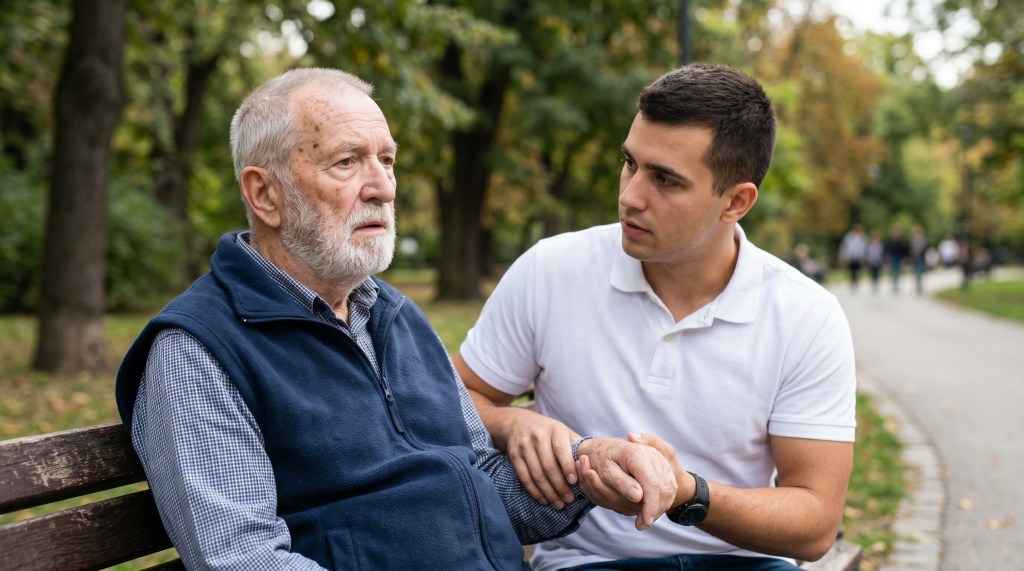 A young man supporting and comforting an elderly man with dementia sitting on a park bench.