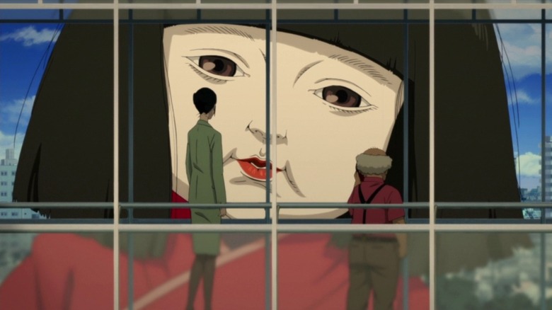 Megumi Hayashibara as Dr. Atsuko Chiba and Akio Otsuka as Inspector Toshimi Konakawa in Paprika, staring out the window at a giant traditional Japanese doll.