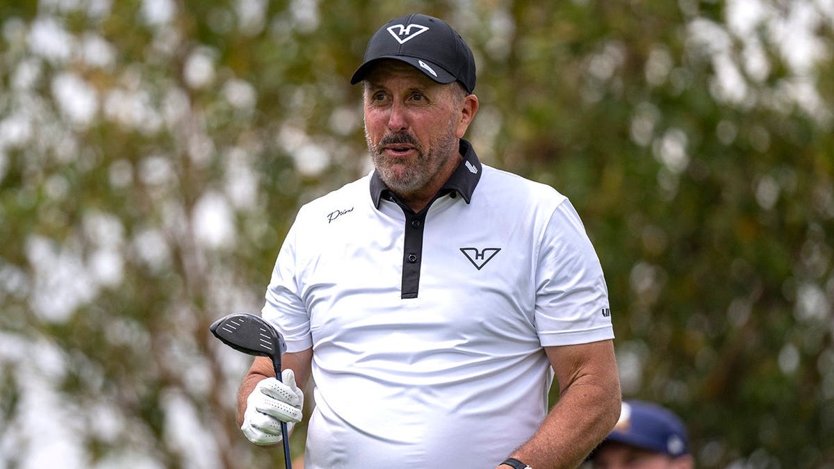 Phil Mickelson plays his shot from the fifth tee during LIV Golf South Africa.
