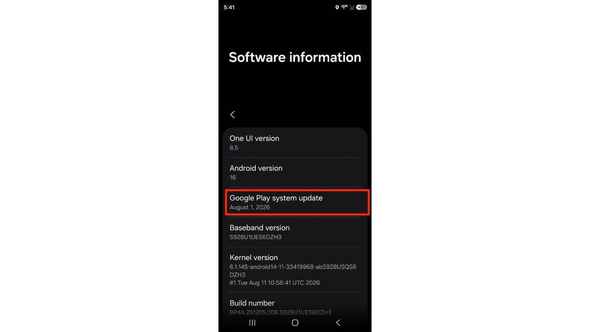 A Samsung Galaxy software information screen