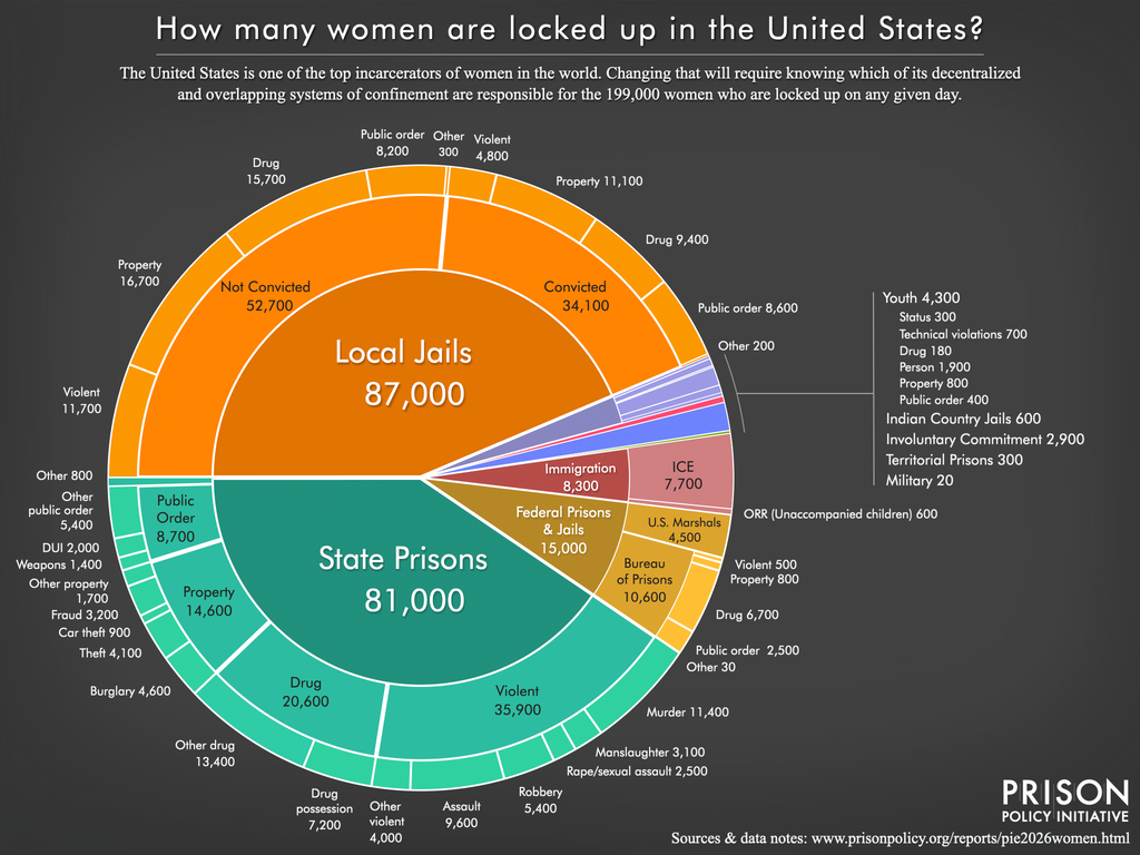 pie chart showing the number of women locked up on a given day in the United States by facility type and the underlying offense using the newest data available in 2026