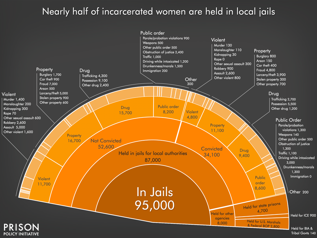 detailed view of the jail slice of the pie chart showing how many women are physically held in jails, for which authorities, and the underlying offenses, using the newest data available in 2026