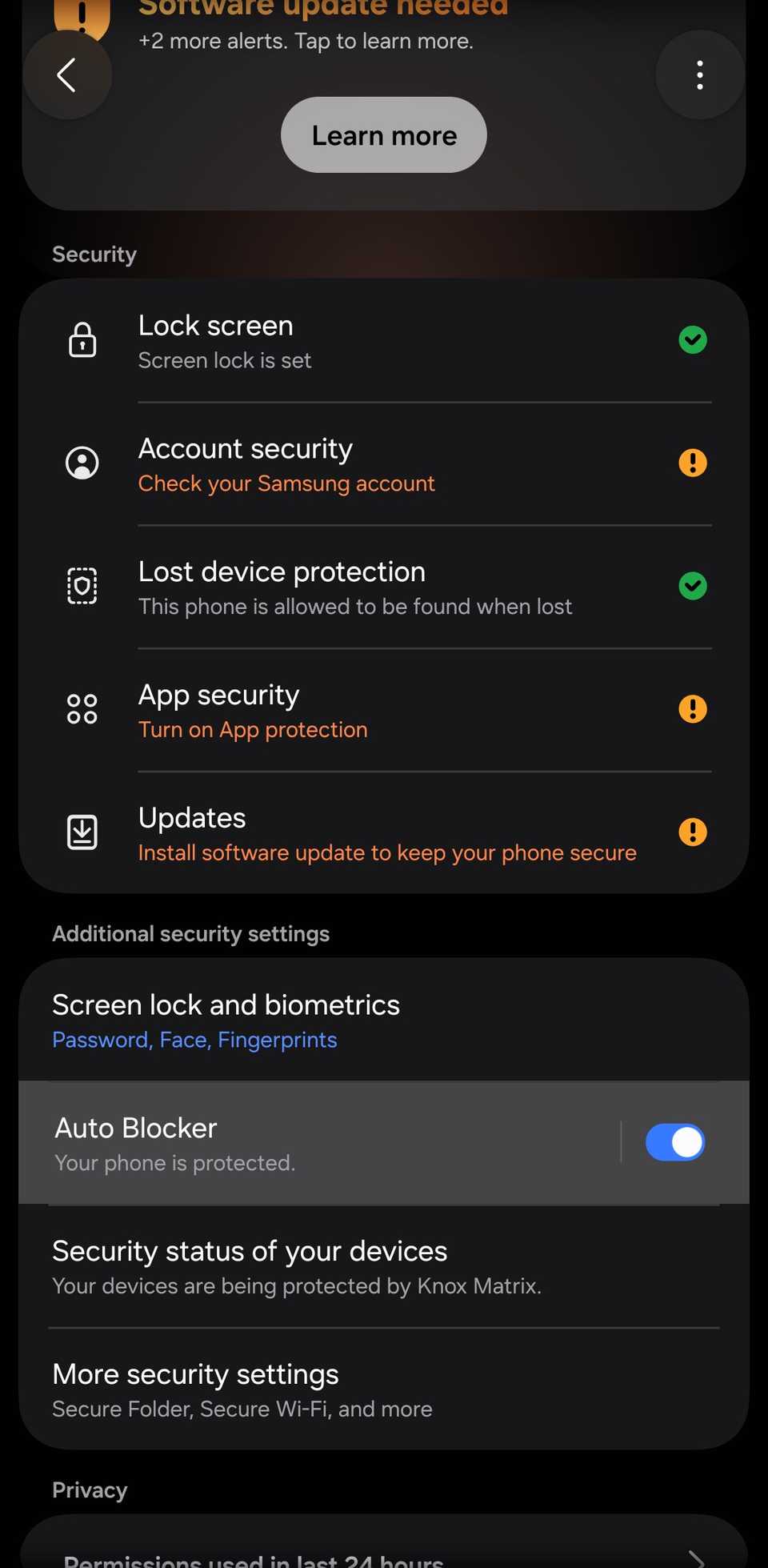 Samsung Galaxy Security and privacy settings screen with Auto Blocker enabled and highlighted.