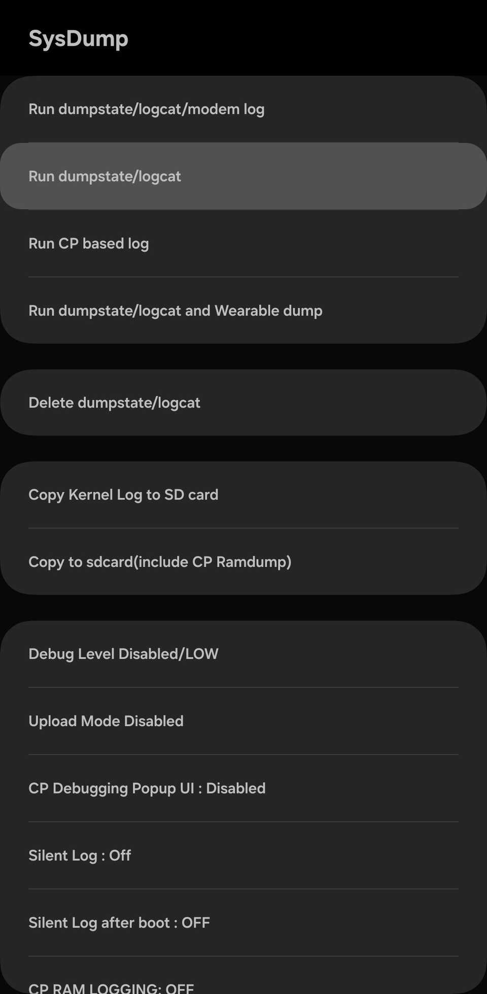 Samsung SysDump menu with 'Run dumpstate/logcat' highlighted.