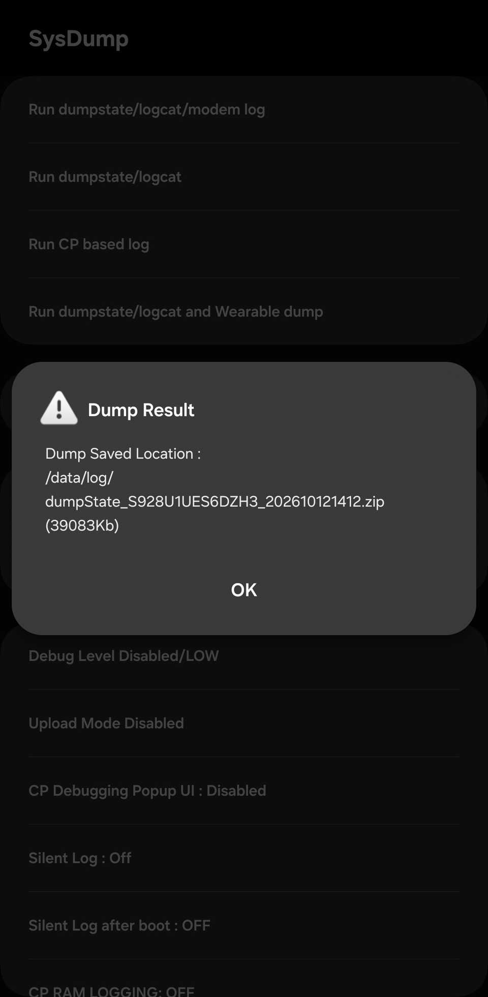 Samsung SysDump menu showing the 'Dump Result' pop up box.