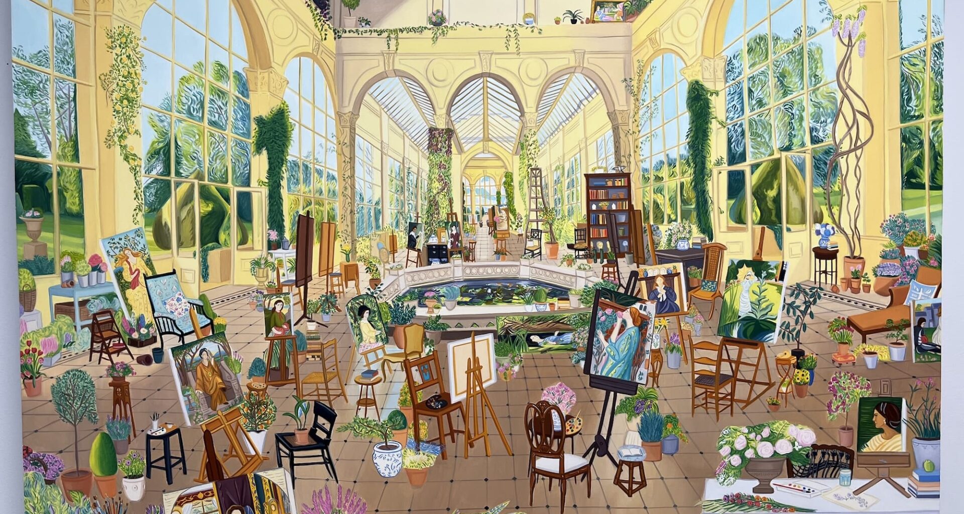 a detailed oil painting of a palatial, aristocratic space filled with paintings and other objects