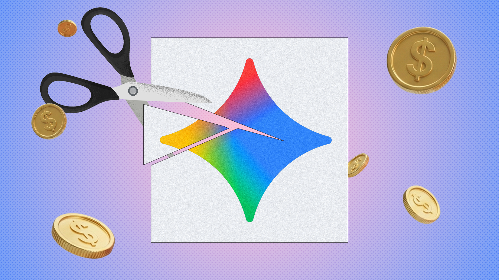 Scissors cutting through the Gemini logo, surrounded by coins.