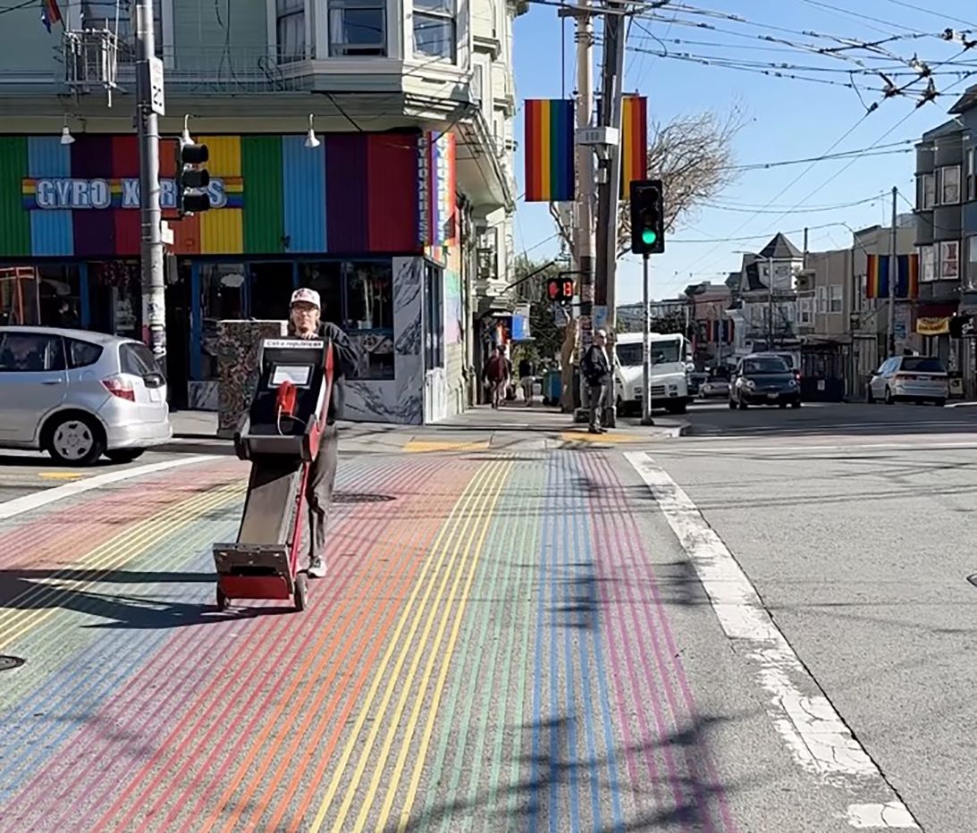Organizers bought the payphones online, refurbished them and programmed them to call each other. This one is being set up in San Francisco.