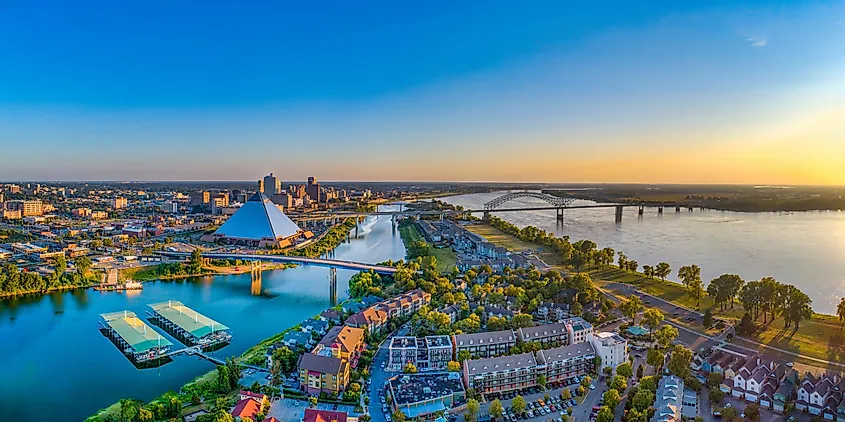 Aerial view of the Memphis skyline on the Mississippi River