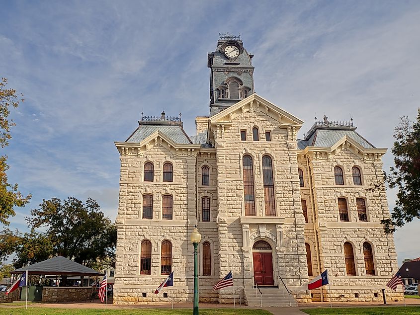 The Hood County Courthouse on the square in Granbury, Texas