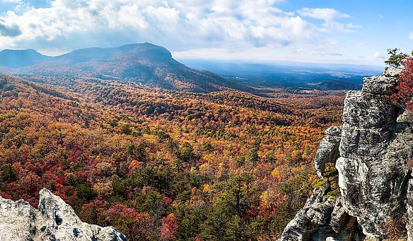 Rock outcrops and fall color in Hanging Rock State Park, North Carolina.