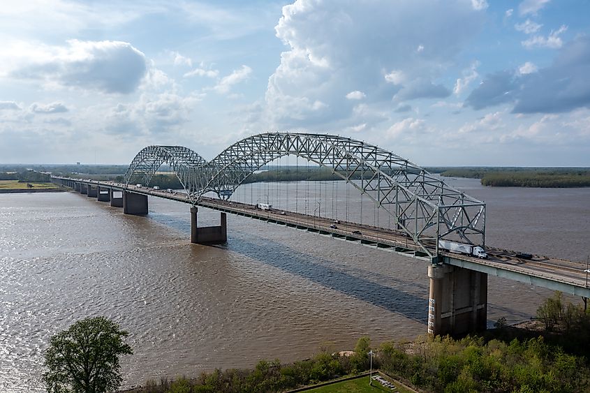 Aerial view of the I-40 bridge across the Mississippi River from Memphis to Arkansas