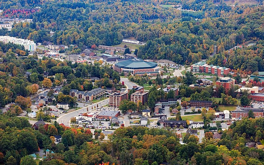 Fall colors over Boone, North Carolina, in the Blue Ridge Mountains.