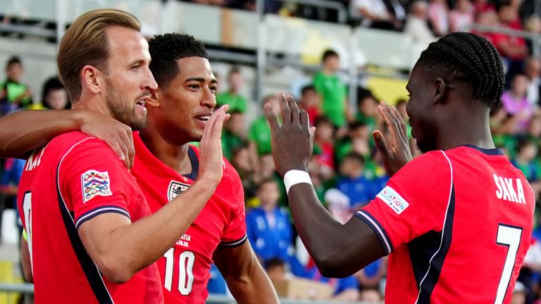 Harry Kane, Jude Bellingham and Bukayo Saka celebrate against Croatia