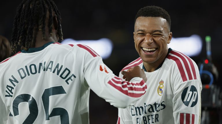 Real Madrid's Kylian Mbappe celebrates after scoring against Barcelona