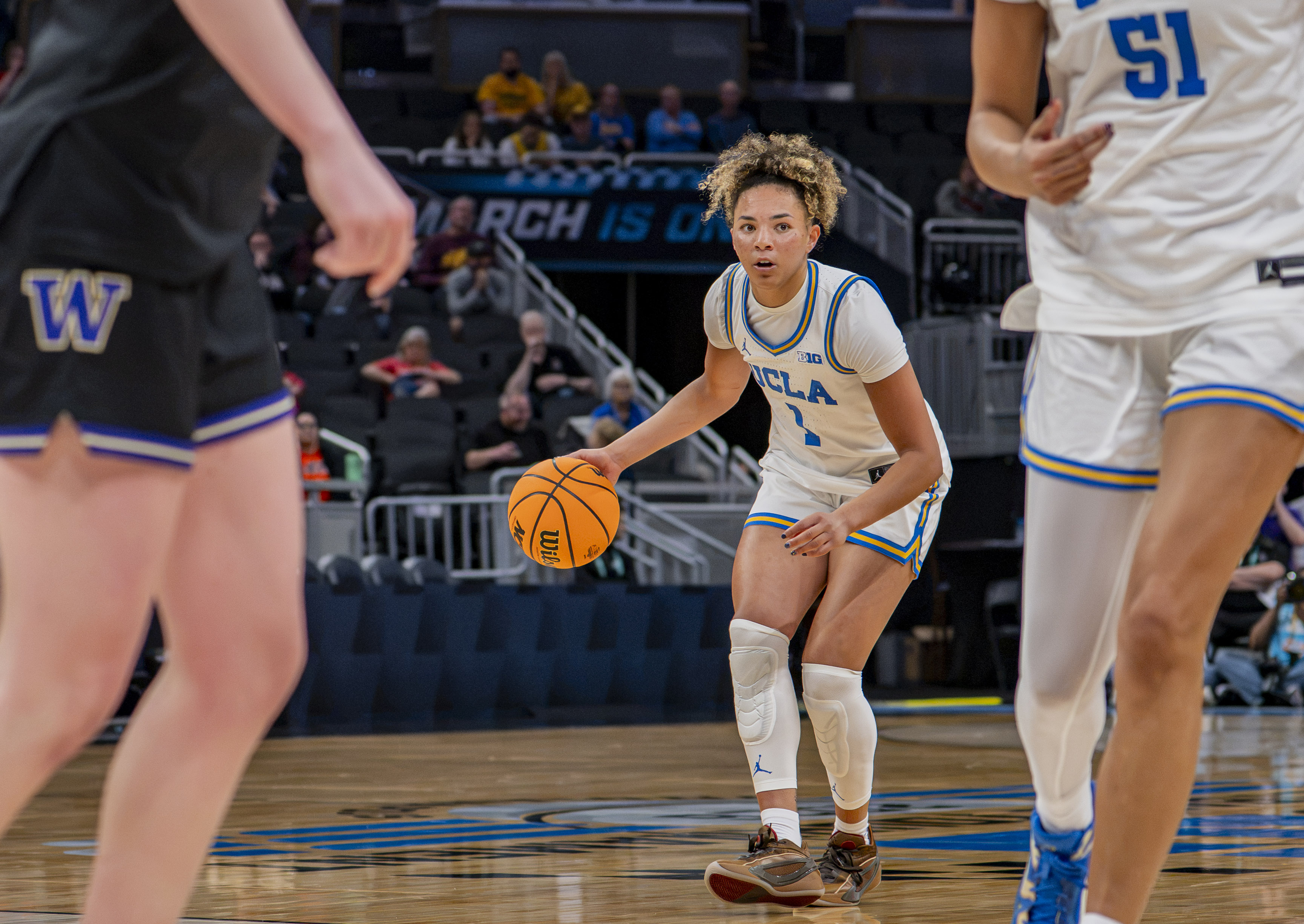 Former Bruin guard Kiki Rice dribbles up the court. Rice spent all four years of her college career at UCLA and was selected sixth overall by the Toronto Tempo. (Daily Bruin file photo)