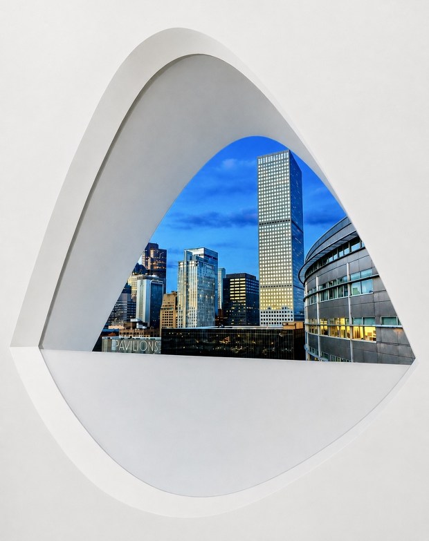 This photo, by John Deffenbaugh, captures Republic Plaza, Denver's tallest building, through a window of the recently built Populous Hotel. (Provided by the Denver Architecture Foundation)