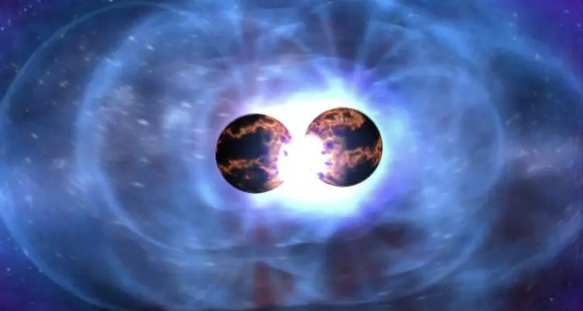 Illustration of a binary neutron star merger just as the two stars make contact. Credit: NASA/Goddard Space Flight Center