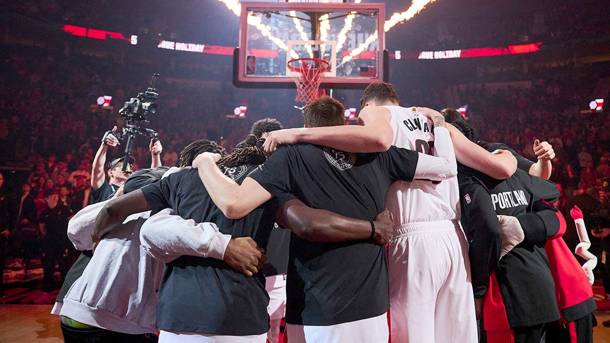 Portland Trail Blazers huddle at Moda Center before a game against the Memphis Grizzlies.