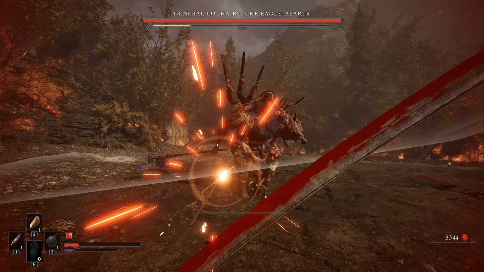 A player parries General Lothaire in Valor Mortis.