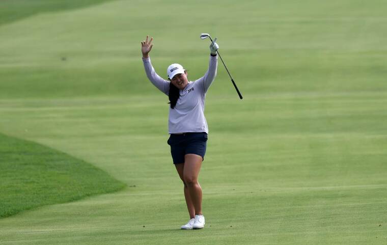 KIYOSHI MIO-IMAGN IMAGES
Allisen Corpuz reacts, on June 4, after making eagle on the 17th hole during the first round of the U.S. Womens Open golf tournament at Riviera Country Club.