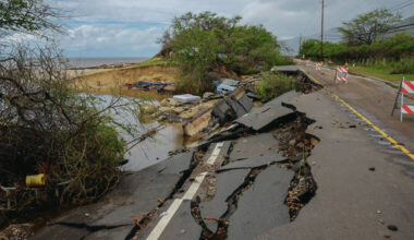 MARCO GARCIA / SPECIAL TO THE STAR-ADVERTISER Hawaii endured several natural disasters in a short period this year. Overturned vehicles and other debris lies amid the collapse of a portion of Farrington Highway near Keaau Beach during the Kona Low storm on March 23.
