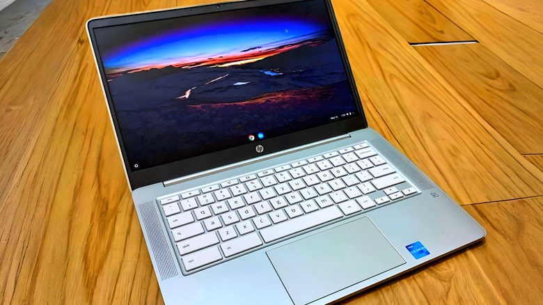 An HP Chromebook sitting on a desk.