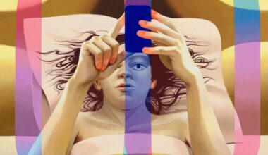 a painting by Robin F. Williams of a nude person in bed scrolling on their phone with abstract, colorful loops enveloping the device