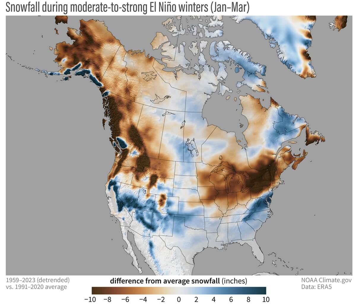 NOAA snowfall composite for moderate and strong El Niño winters in the United States, with more snow in the Southwest