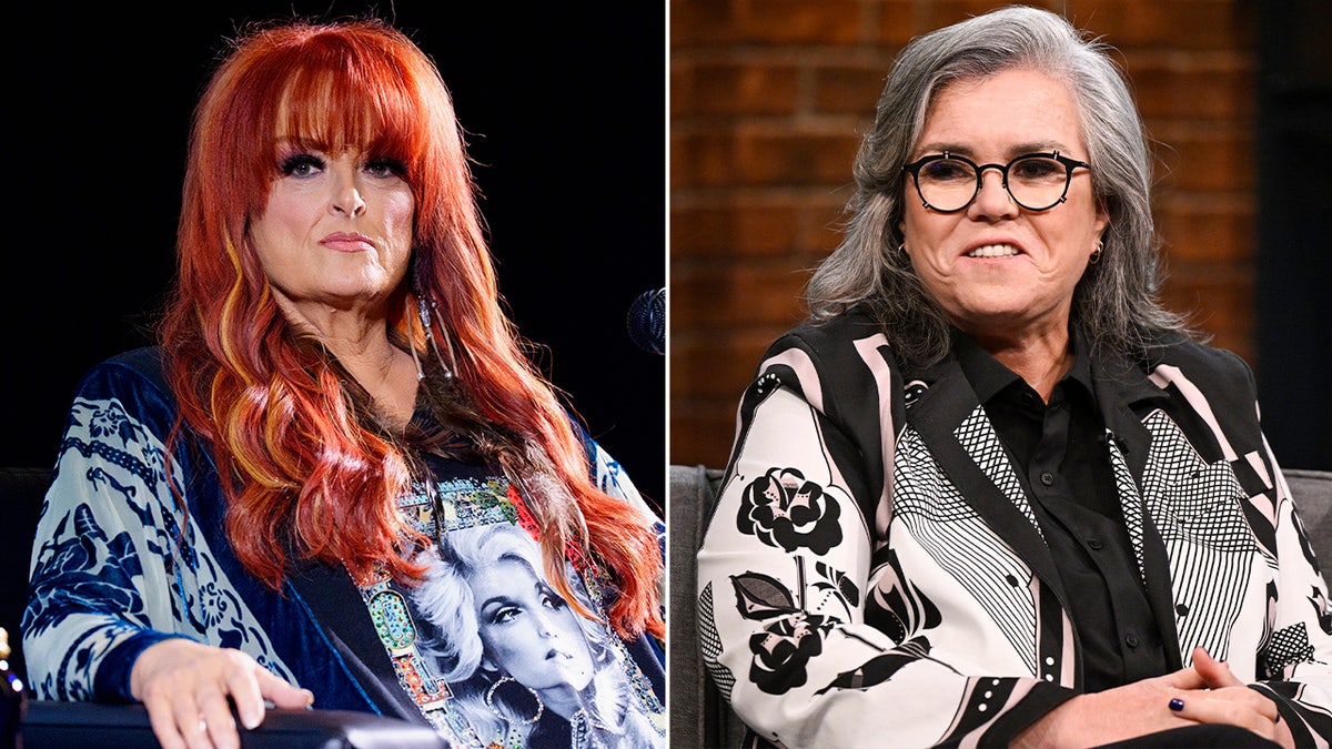 Wynonna Judd speaking onstage at Americanafest; Rosie O'Donnell during an interview on Late Night with Seth Meyers.