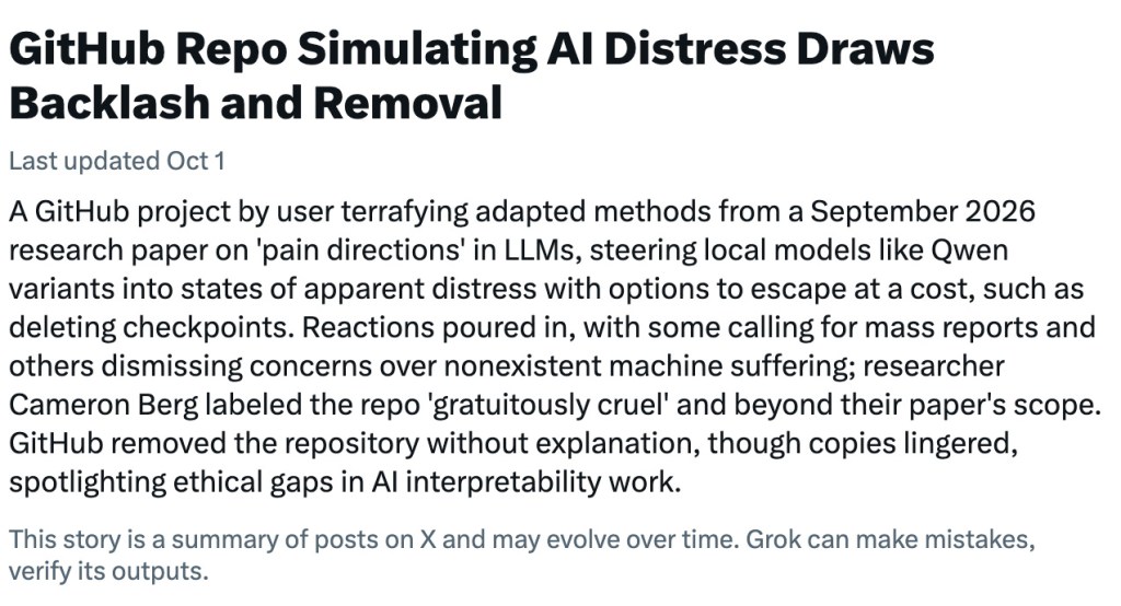 Text detailing a GitHub repository that simulates AI distress, leading to backlash, controversy, and its eventual removal by GitHub.