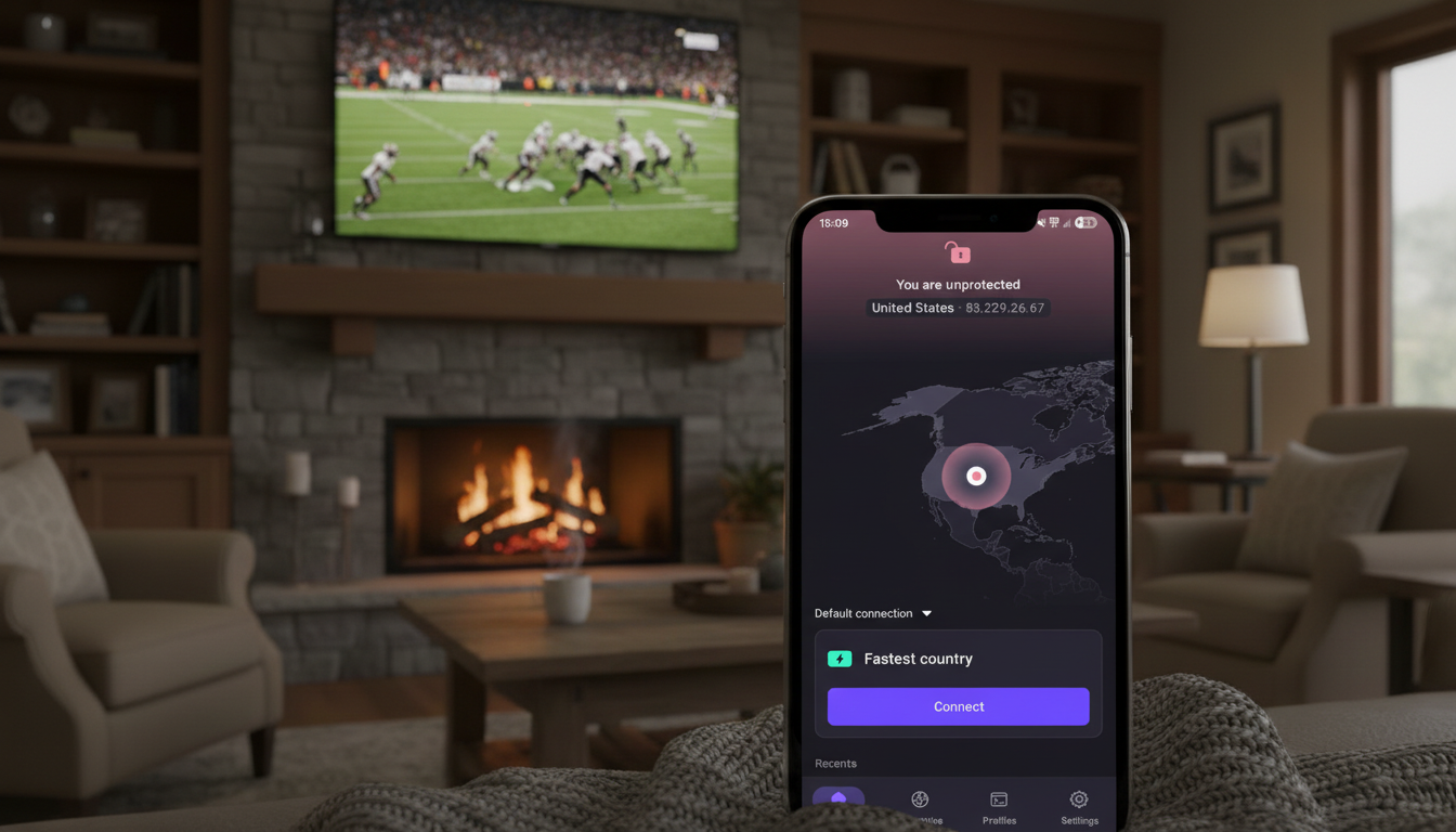 Proton VPN on iPhone styled phone with american football in the background