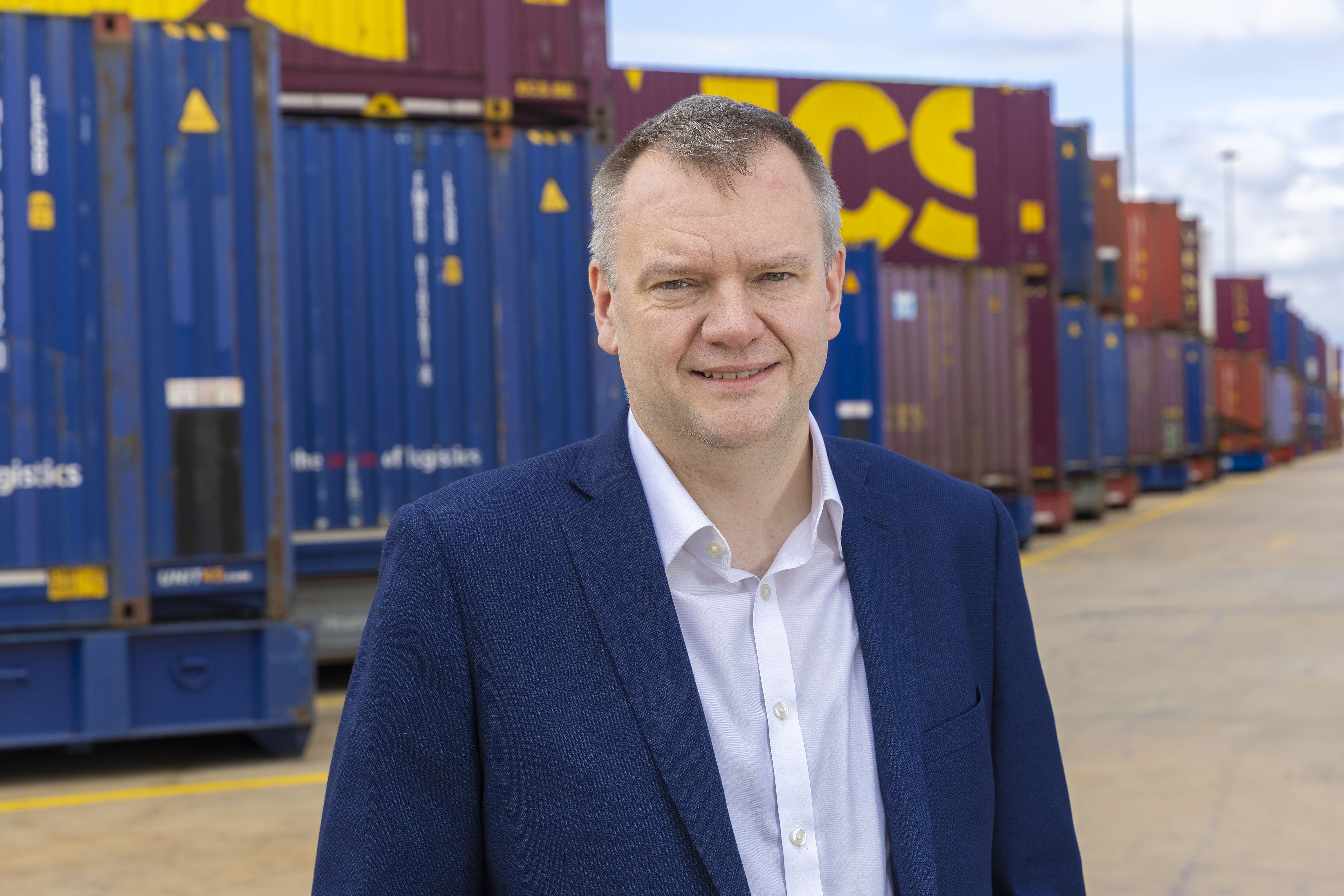 Portrait of Nick Thomas Symonds at Tilbury Docks.