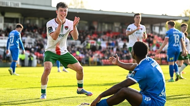 Cathal O'Sullivan of Cork City celebrates in front of Waterford's Navajo Bakboord after his side won a penalty during the SSE Airtricity Men's Premier Division match between Cork City and Waterford at Turners Cross in Cork. 