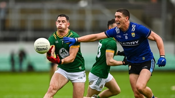 14 June 2025; Donal Keogan of Meath in action against Joe O'Connor of Kerry during the GAA Football All-Ireland Senior Championship Round 3 match between Kerry and Meath at Glenisk O'Connor Park in Tullamore, Offaly. Photo by Tom Beary/Sportsfile