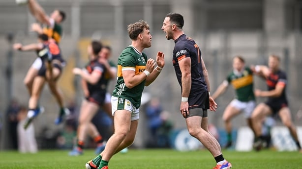 13 July 2024; Dara Moynihan of Kerry and Aidan Forker of Armagh tussle at the throw-in during the GAA Football All-Ireland Senior Championship semi-final match between Armagh and Kerry at Croke Park in Dublin. Photo by Seb Daly/Sportsfile