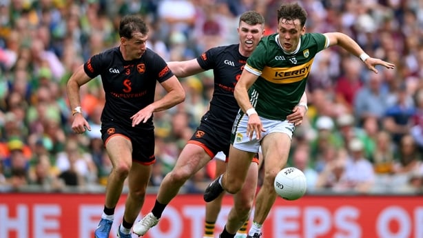 David Clifford of Kerry is fouled by Tiernan Kelly of Armagh during the GAA Football All-Ireland Senior Championship quarter-final match between Armagh and Kerry at Croke Park in Dublin.