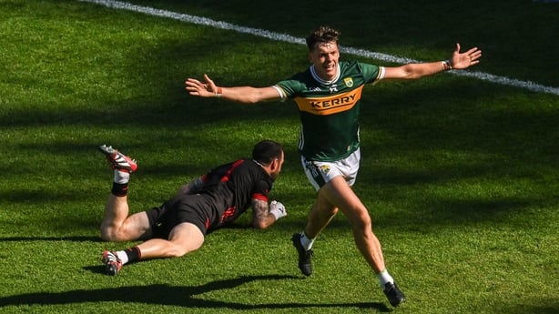 12 July 2025; David Clifford of Kerry celebrates after scoring his side's first goal during the GAA Football All-Ireland Senior Championship semi-final match between Kerry and Tyrone at Croke Park in Dublin. Photo by Ramsey Cardy/Sportsfile