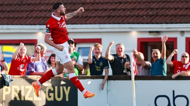 12 July 2025; Patrick McClean of Sligo Rovers celebrates after scoring his side's first goal during the SSE Airtricity Men's Premier Division match between Sligo Rovers and Derry City at The Showgrounds in Sligo. Photo by Thomas Flinkow/Sportsfile
