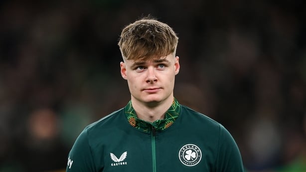 Evan Ferguson of Republic of Ireland before the UEFA Nations League B/C Play-off 2nd Leg match between Republic of Ireland and Bulgaria at the Aviva Stadium in Dublin.