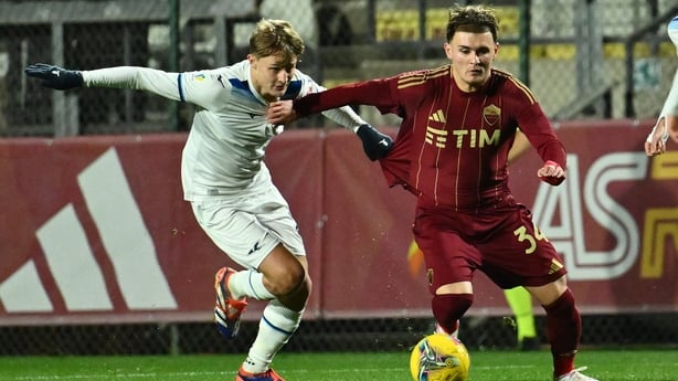 Pietro Pinelli of S.S. Lazio U20 and Kevin Zefi of A.S. Roma U20 are in action during the 22nd day of the Primavera 1 Championship between A.S. Roma U20 and S.S. Lazio U20 at the Tre Fontane Stadium in Rome, Italy, on January 27, 2025. (Photo by Domenico Cippitelli/NurPhoto via Getty Images)