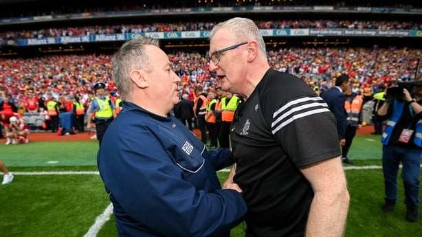 Clare manager Brian Lohan shakes hands with Cork manager Pat Ryan, left, after the GAA Hurling All-Ireland Senior Championship Final between Clare and Cork at Croke Park in Dublin. Photo by Stephen McCarthy/Sportsfile