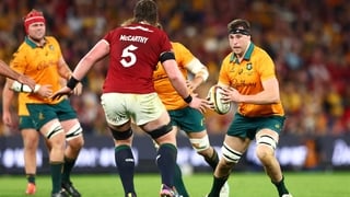 BRISBANE, AUSTRALIA - JULY 19: Nick Frost of the Wallabies runs with the ball during game one of the series between Australia Wallabies and British & Irish Lions at Suncorp Stadium on July 19, 2025 in Brisbane, Australia. (Photo by Chris Hyde/Getty Images