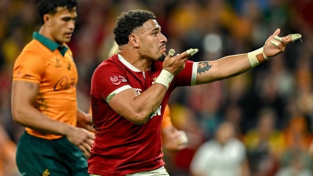 BRISBANE , AUSTRALIA - 19 July 2025; Sione Tuipulotu of British & Irish Lions celebrates after scoring his side's first try during the first test match between Australia and the British & Irish Lions at Suncorp Stadium in Brisbane, Australia. via Getty Images)