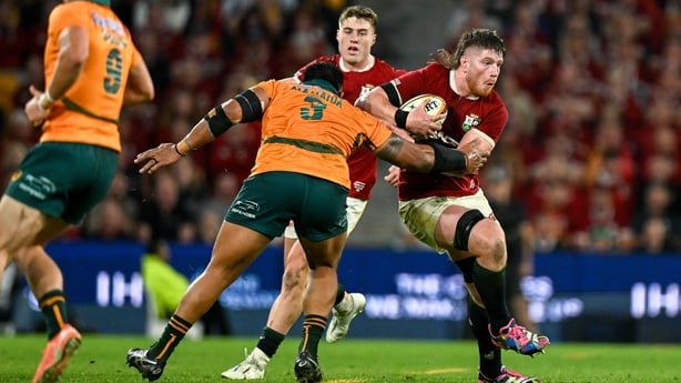 19 July 2025; Joe McCarthy of British & Irish Lions is tackled by Allan Alaalatoa of Australia during the first test match between Australia and the British & Irish Lions at Suncorp Stadium in Brisbane, Australia. Photo by Brendan Moran/Sportsfile