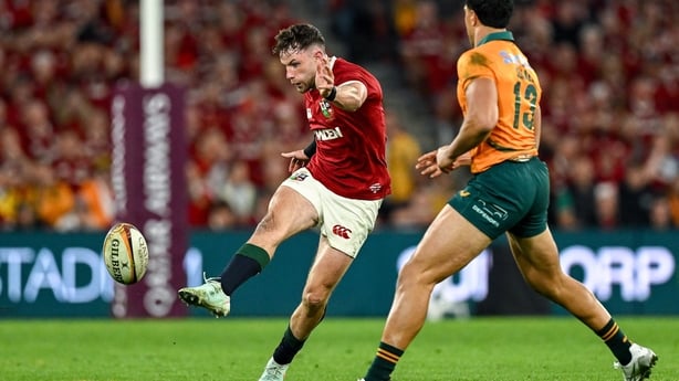 19 July 2025; Hugo Keenan of British & Irish Lions in action against Joseph-Aukuso Suaalii of Australia during the first test match between Australia and the British & Irish Lions at Suncorp Stadium in Brisbane, Australia. Photo by Brendan Moran/Sportsfile