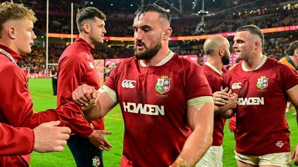 19 July 2025; Rónan Kelleher of British & Irish Lions, centre, with teammates James Ryan, left, and Fin Smith after the first test match between Australia and the British & Irish Lions at Suncorp Stadium in Brisbane, Australia. Photo by Brendan Moran/Sportsfile
