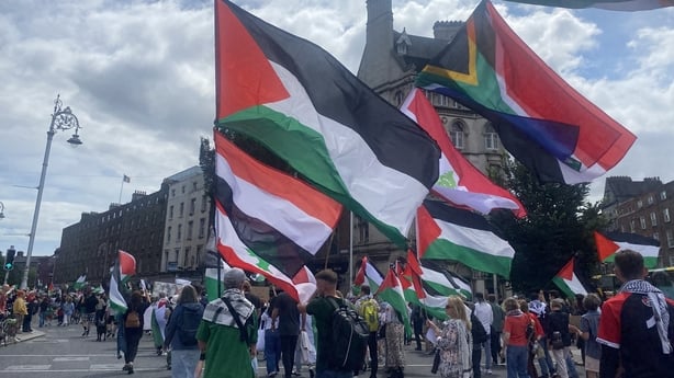 Protesters carry flags at the National March for Palestine in Dublin