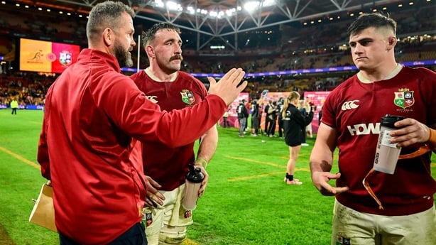 19 July 2025; British & Irish Lions head coach Andy Farrell, left, with Jack Conan and Dan Sheehan after the first test match between Australia and the British & Irish Lions at Suncorp Stadium in Brisbane, Australia. Photo by Brendan Moran/Sportsfile